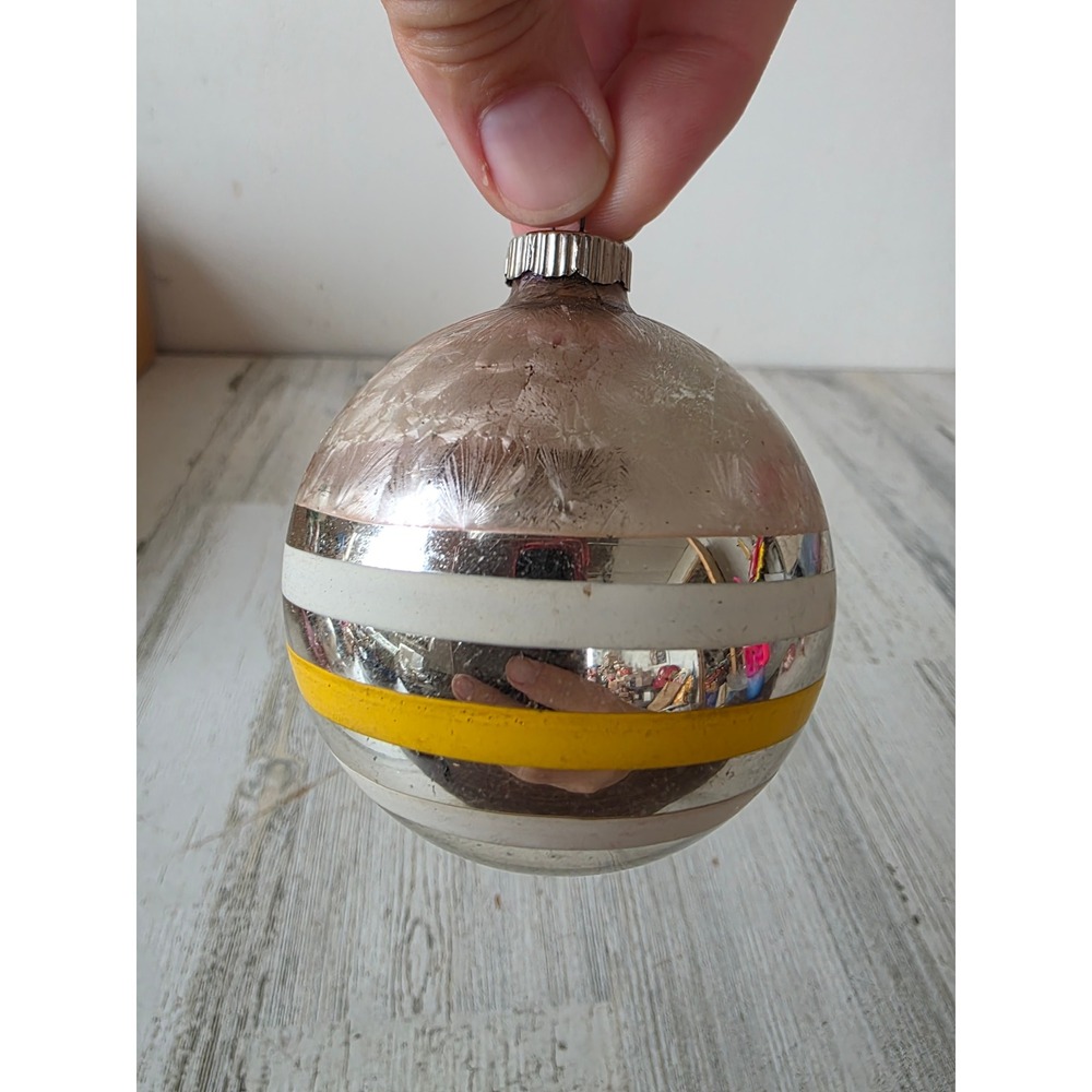Vintage shiny Brite Jack Frost pink striped matte ornament yellow Xmas tree